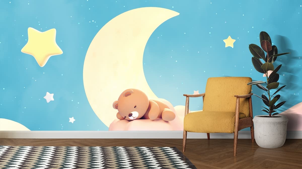 Tiny Moonbeam Teddy Wallpaper shown in a room