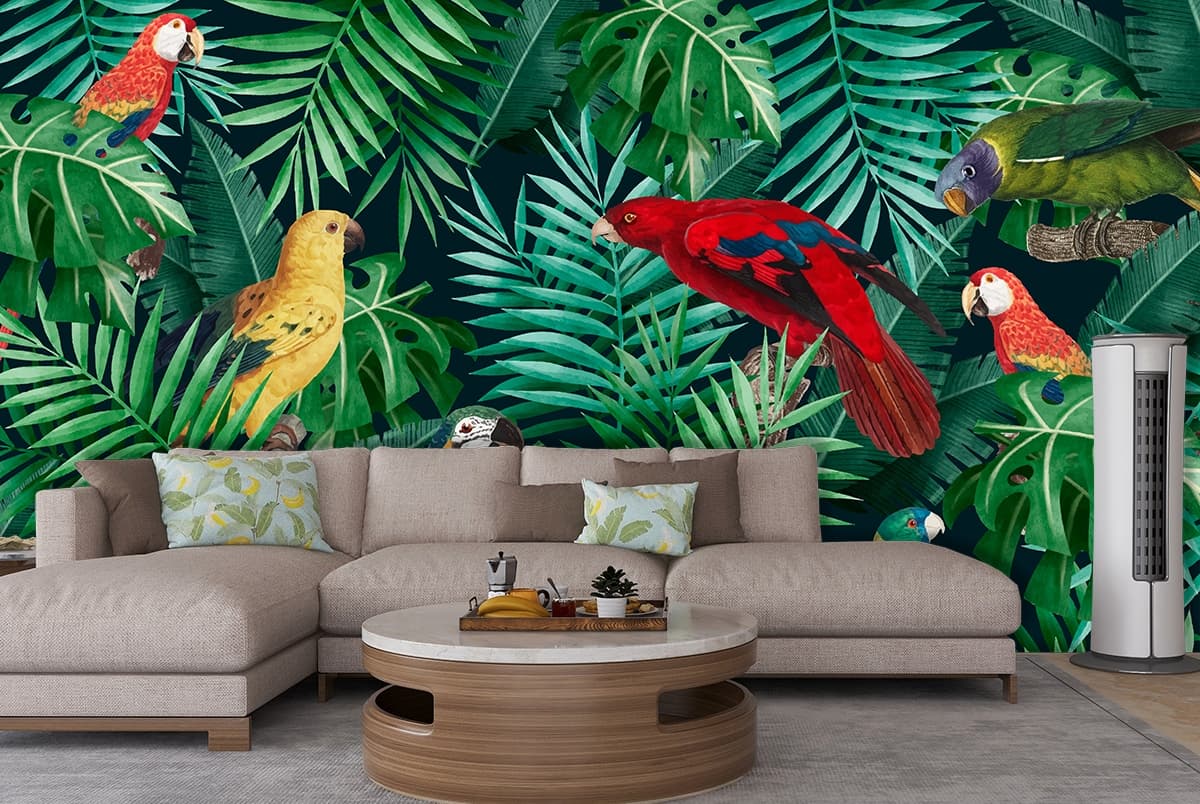 Colorful Parrots and Tropical Leaves Design wallpaper shown in a room