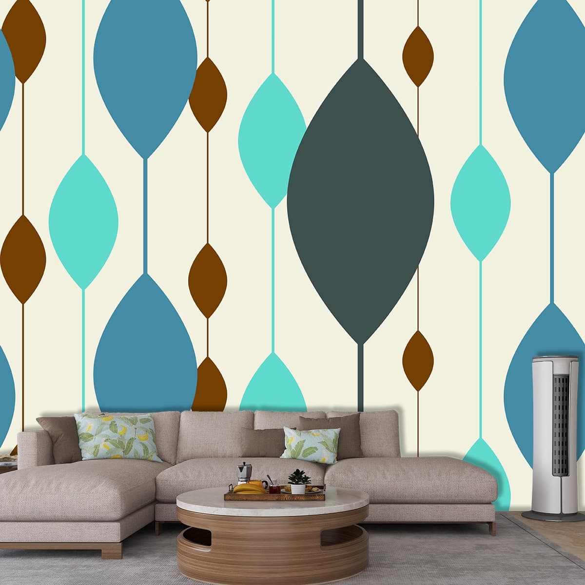 A Pattern of Blue and Brown Ovals Abstract Modern Wallpaper shown in a room
