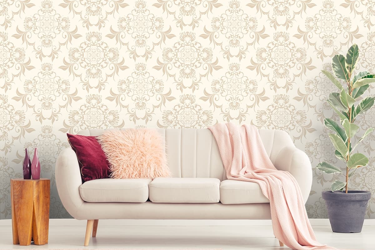 Antique Style Pattern with Fabric Texture Wallpaper shown in a room