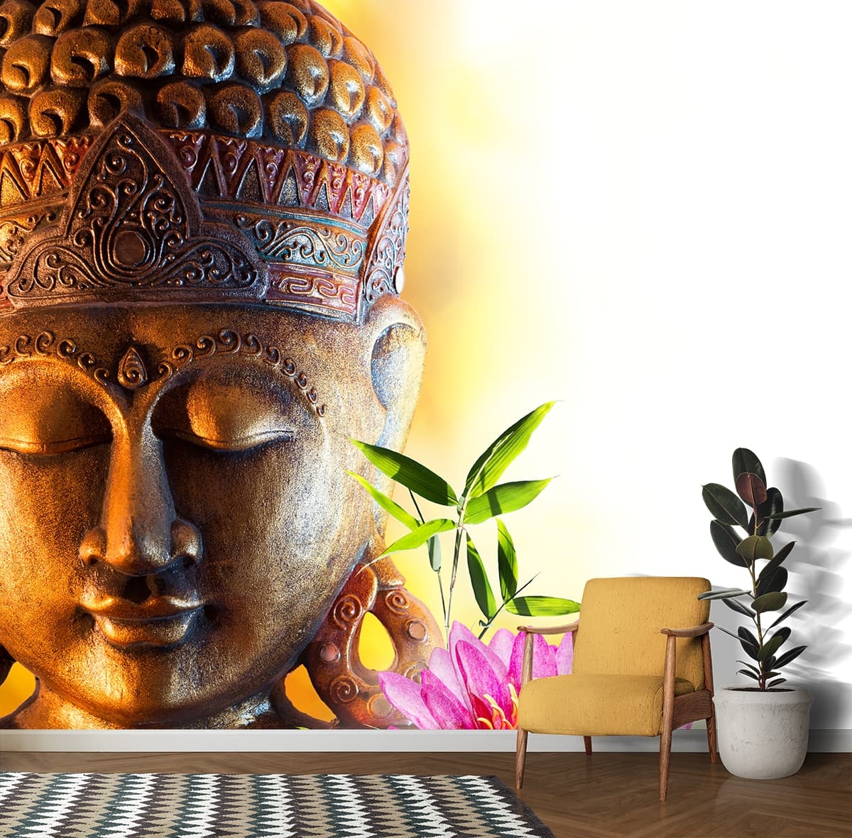 A statue of a person with a flower shown in a room