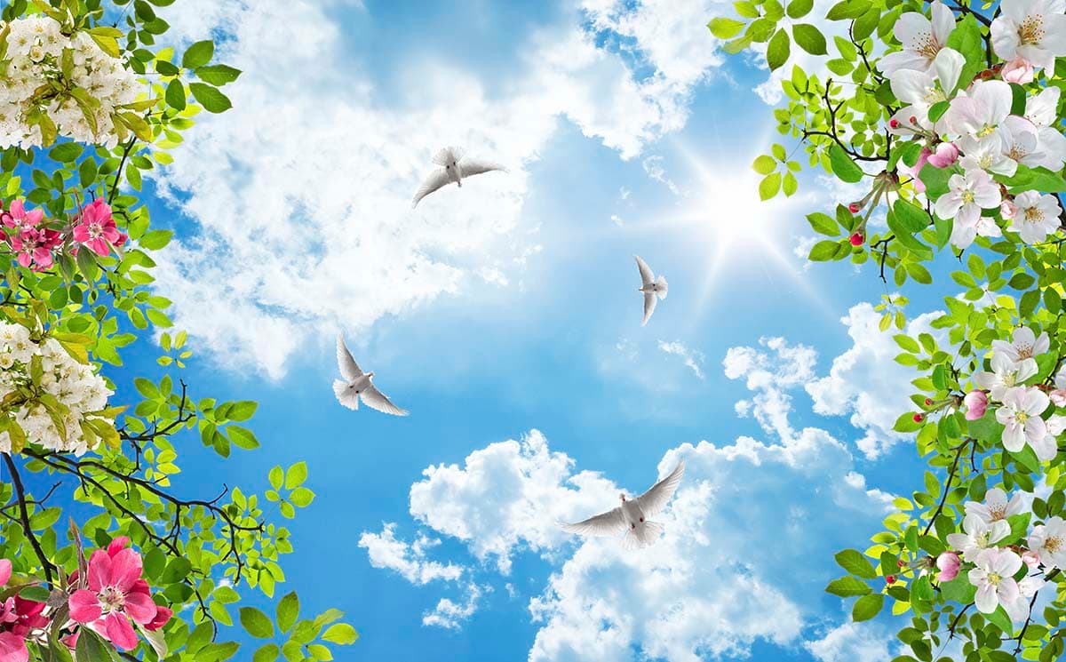 Doves Flying in The Sky Ceiling Wallpaper Mural pattern detail