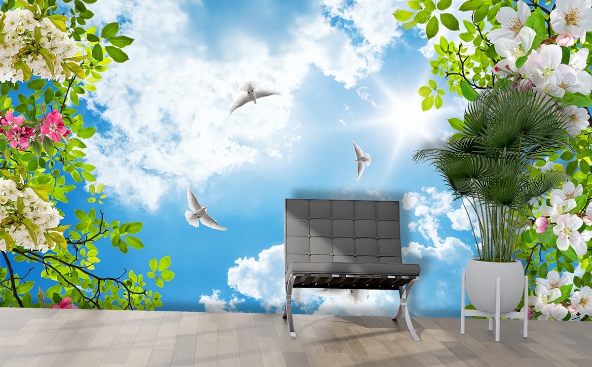 Doves Flying in The Sky Ceiling Wallpaper Mural shown in a room