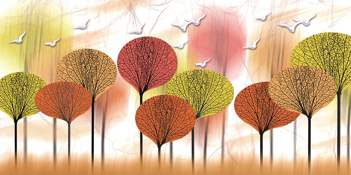 Abstract Painting of Trees with Birds Flying Wallpaper Mural pattern detail