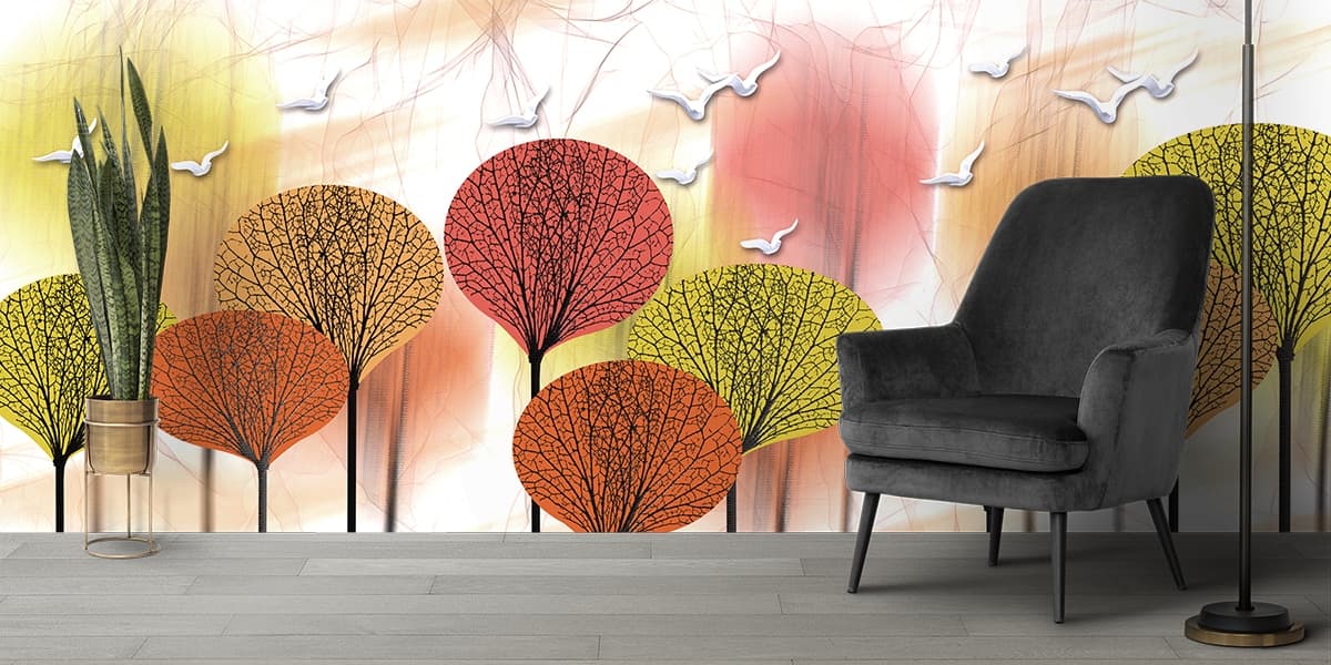 Abstract Painting of Trees with Birds Flying Wallpaper Mural shown in a room