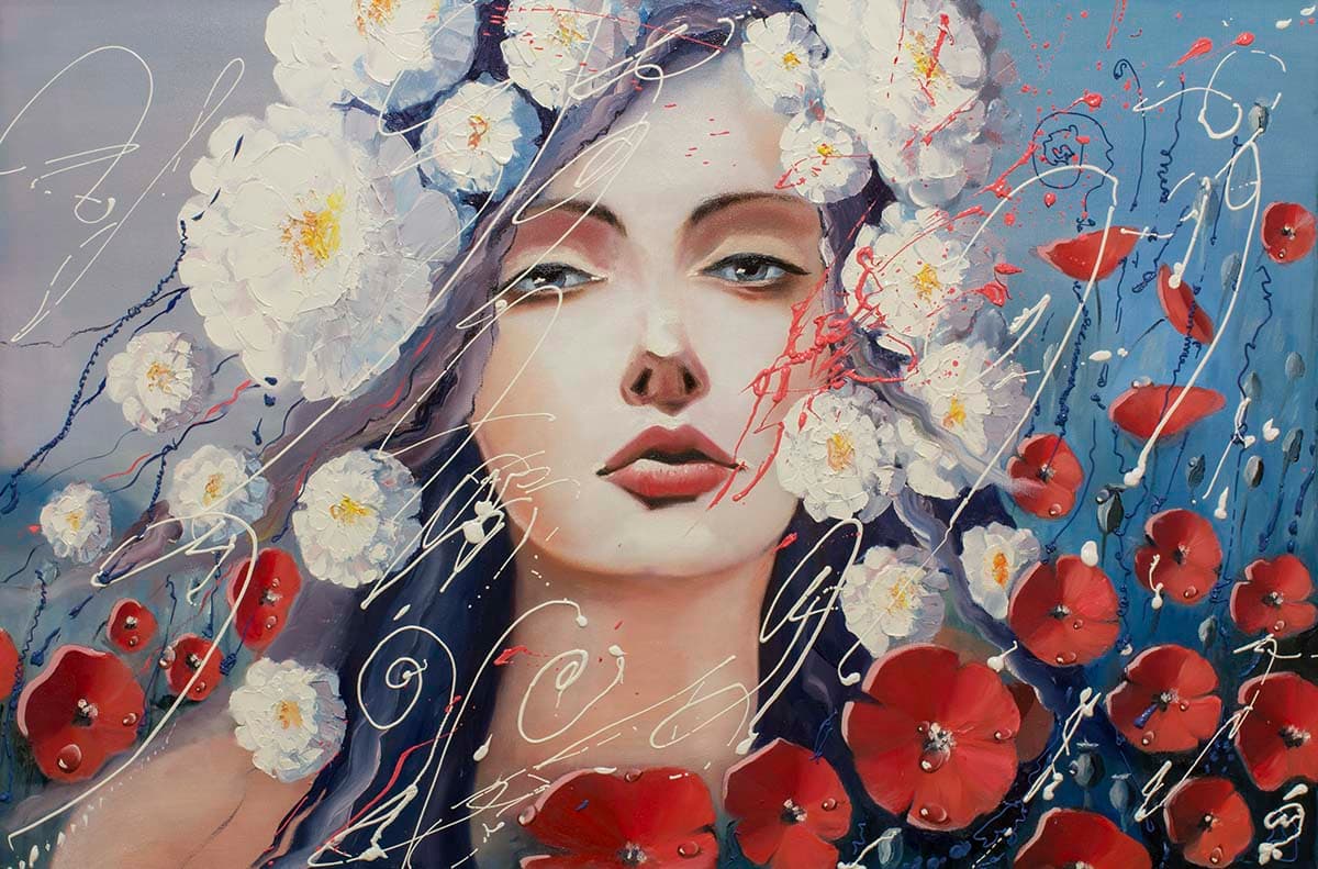 Woman with Flowers in Hair Floral Art Wallpaper pattern detail
