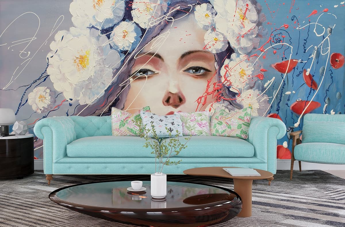 Woman with Flowers in Hair Floral Art Wallpaper shown in a room