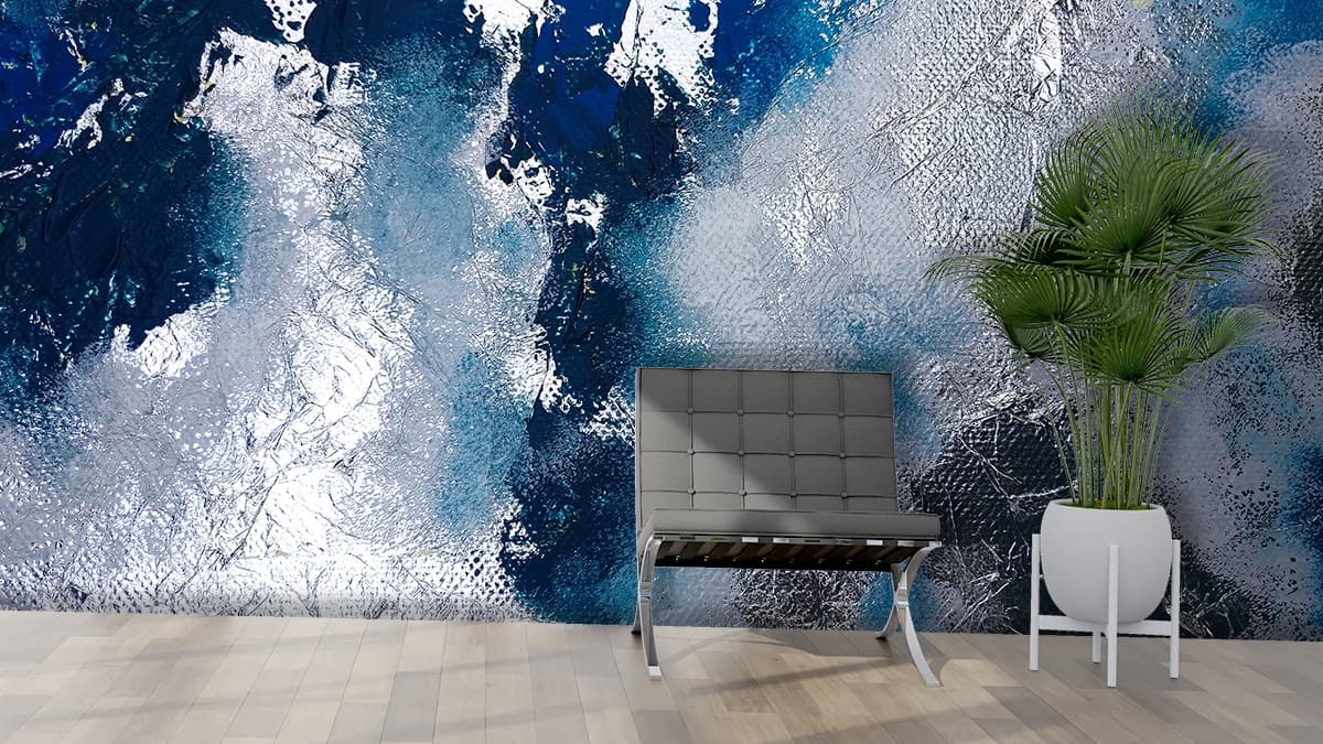 Blue white abstract surface with soft blended tones wallpaper shown in a room