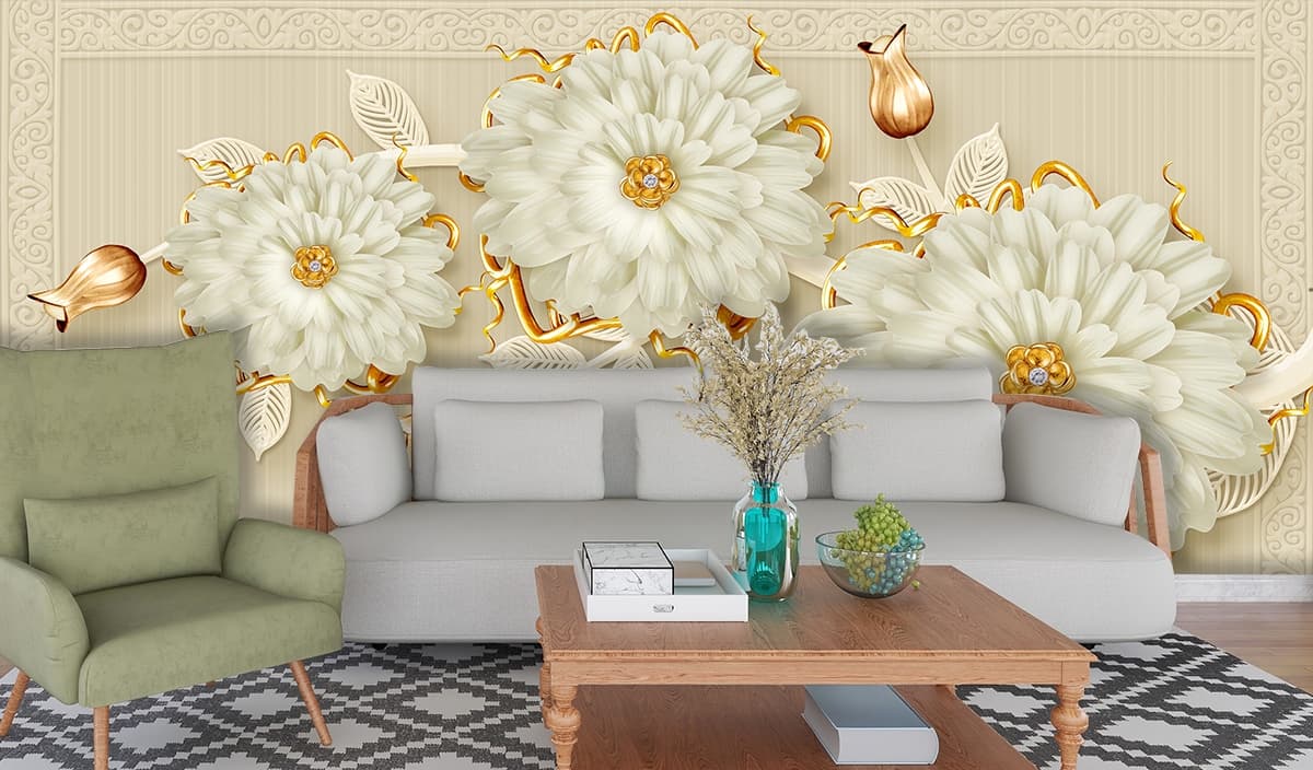 A 3D Wallpaper Mural with a European Effect shown in a room