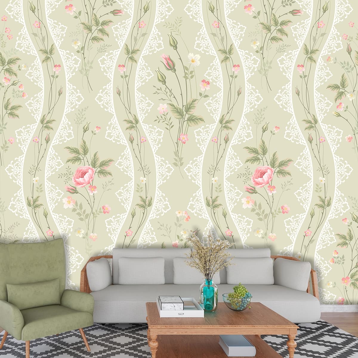 A wallpaper with flowers and lace shown in a room