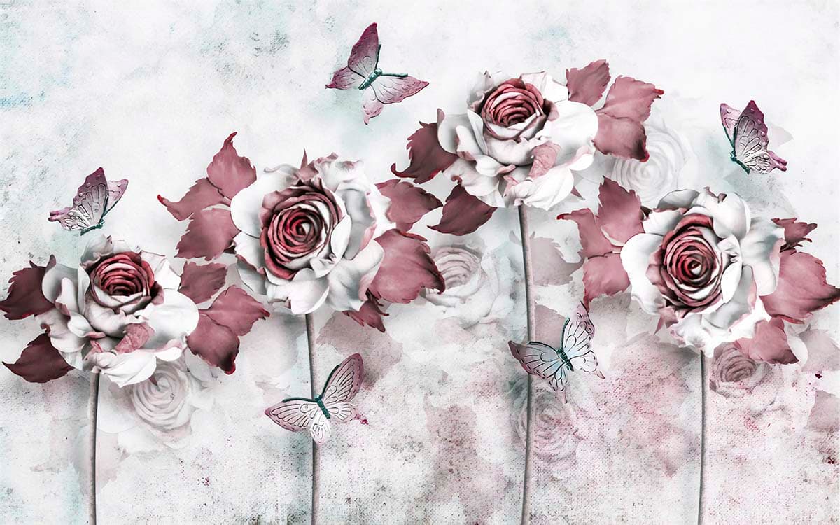 Abstract Red and White Roses Wall Wallpaper pattern detail