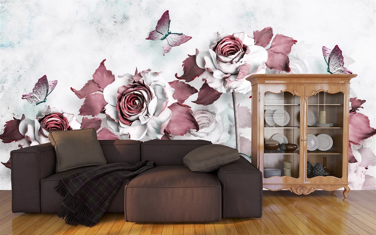 Abstract Red and White Roses Wall Wallpaper shown in a room