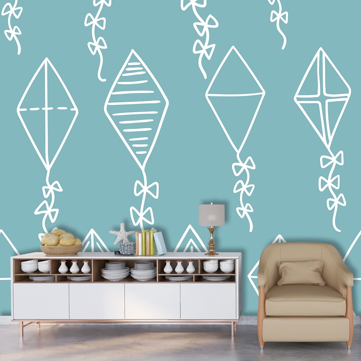 A pattern of white kites shown in a room
