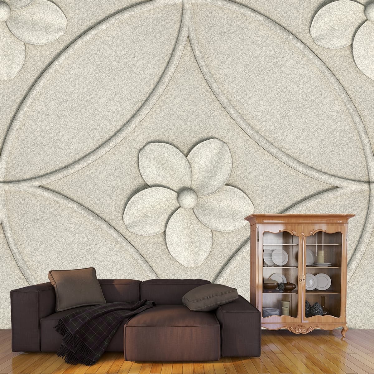 A Floral Design Tile Wallpaper shown in a room
