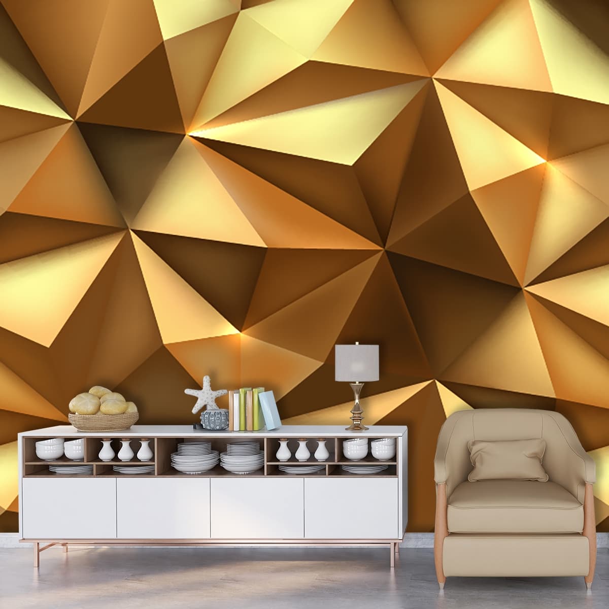 3D Golden Texture Geometric Wallpaper shown in a room