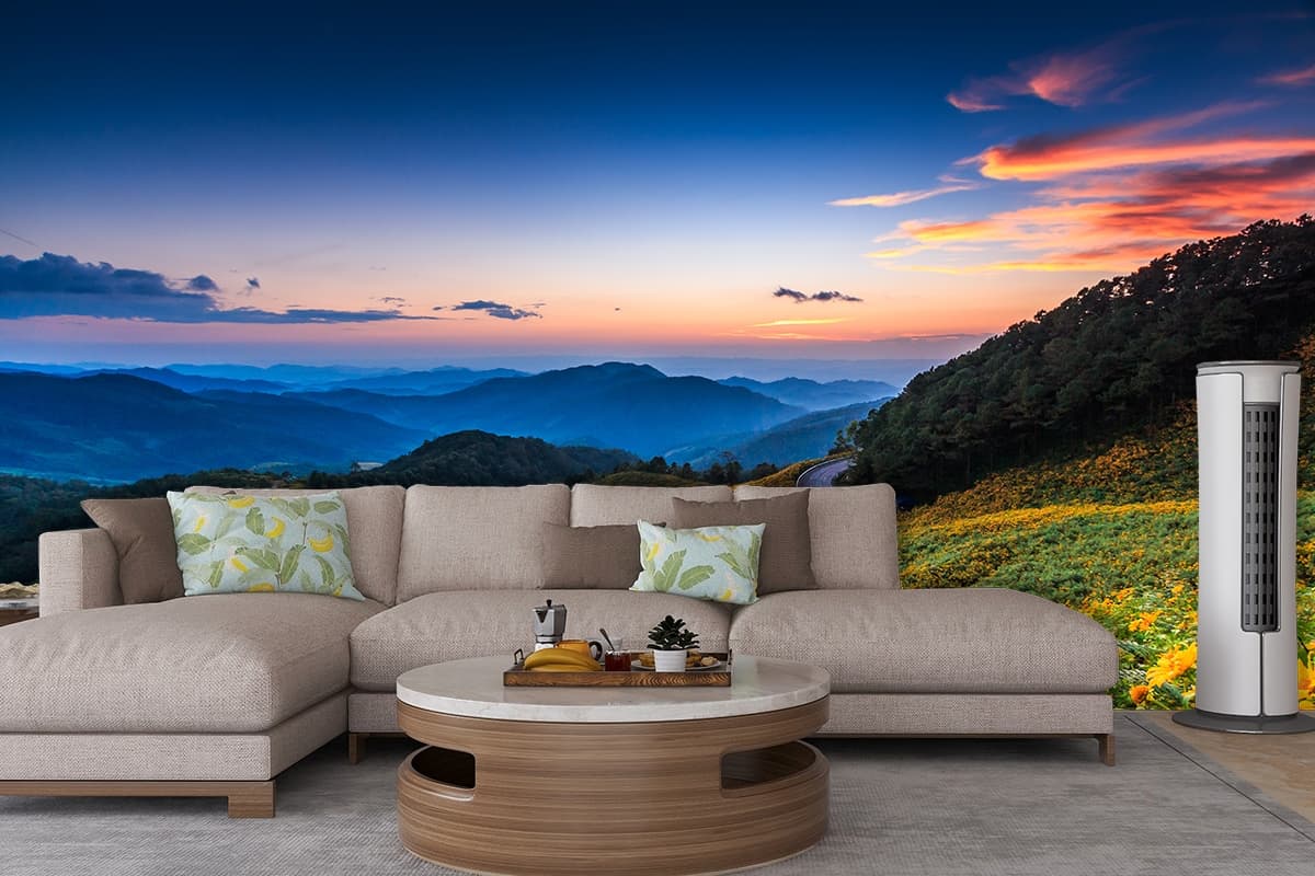 Vadiyan, Beautiful Flowers and Mountains Scenery Wallpaper shown in a room