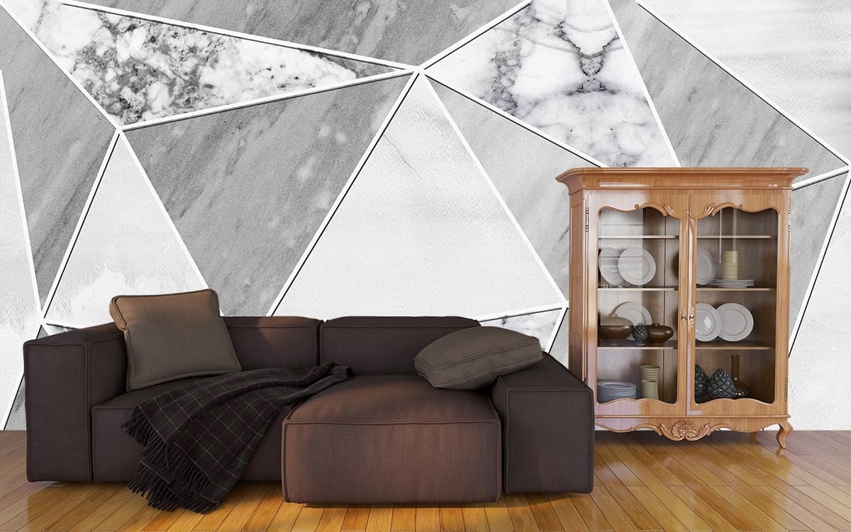 Abstract White Gray Triangle Pattern Wall Design Wallpaper shown in a room