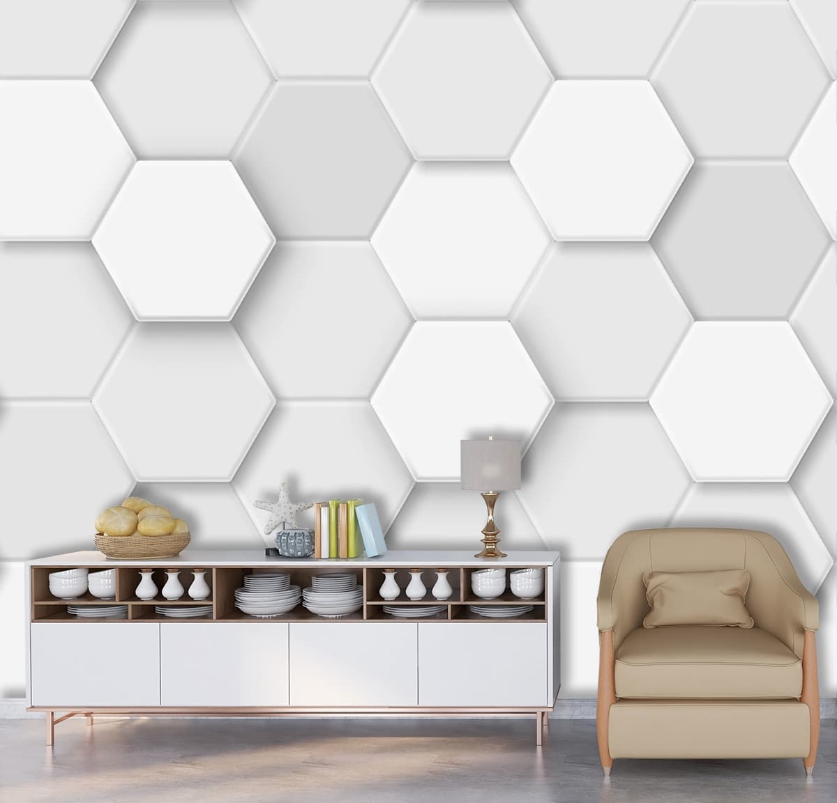 3D Hexagon Pattern Wallpaper shown in a room