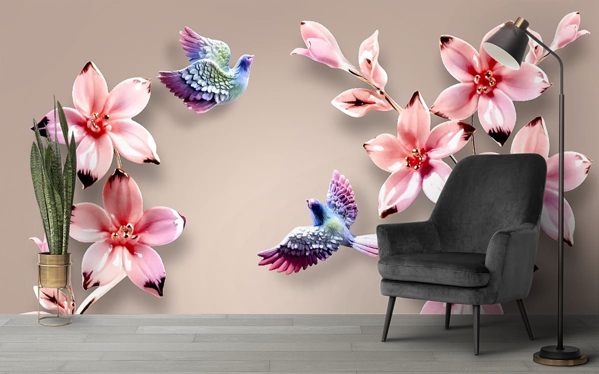 Creative Birds and Flower Theme wallpaper shown in a room