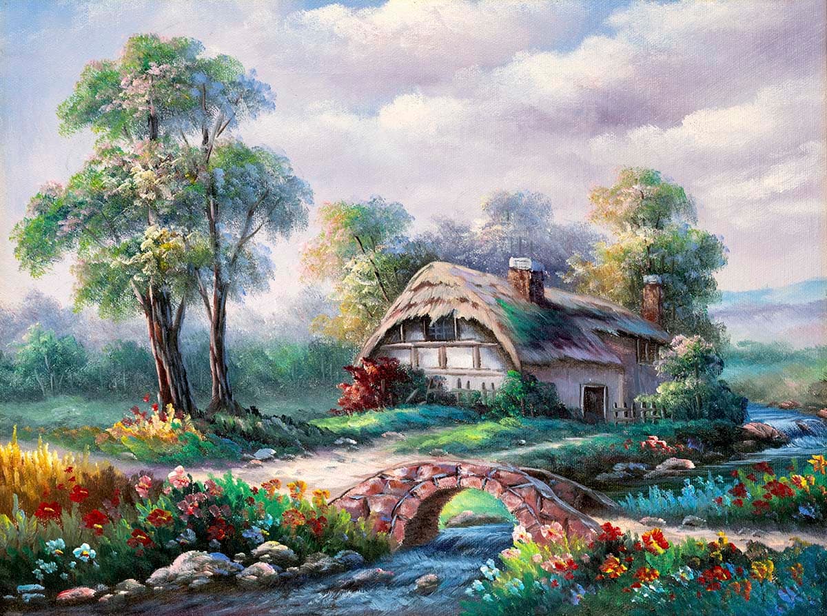 Nature House with Bridge and Trees wallpaper pattern detail