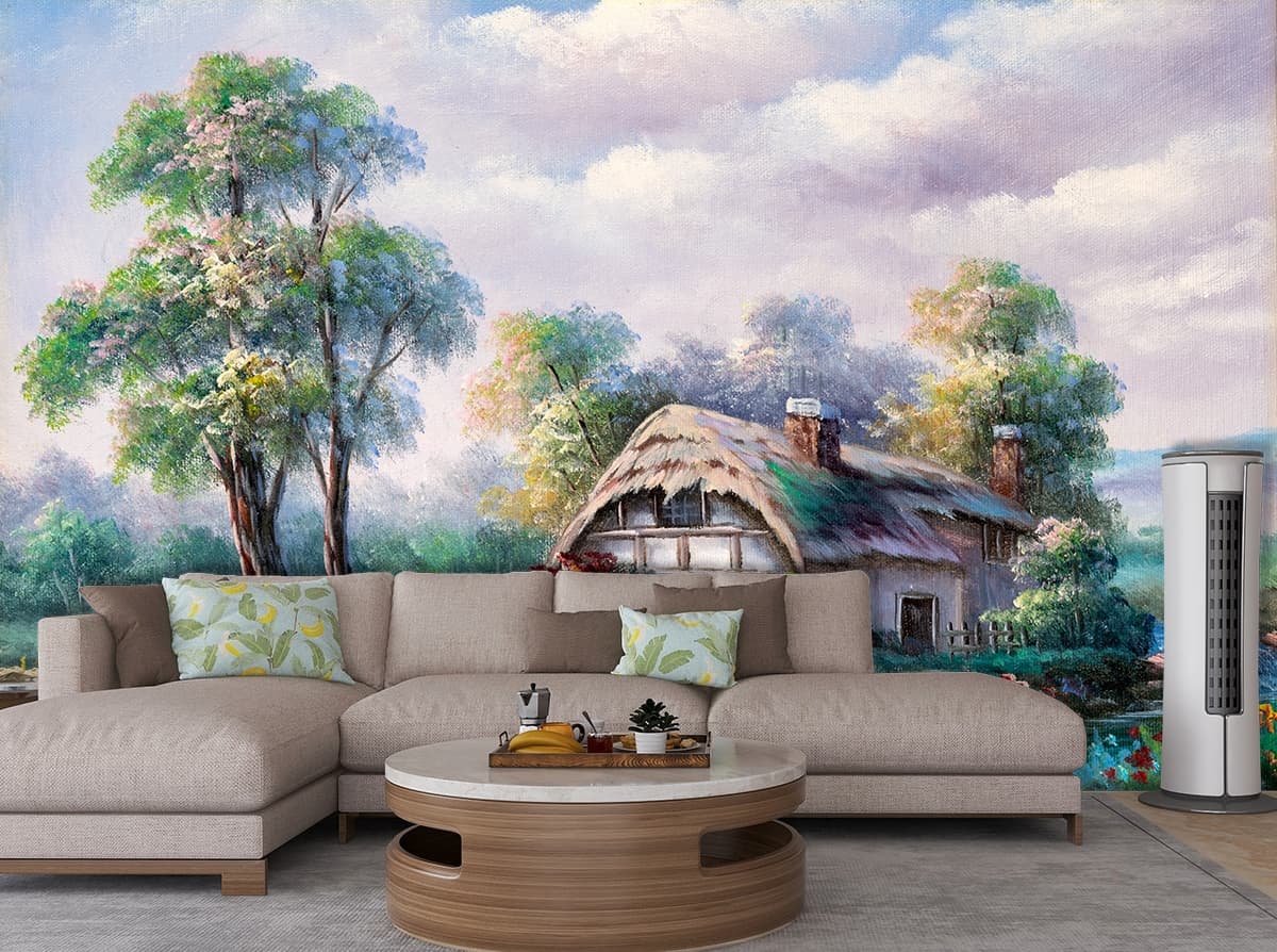 Nature House with Bridge and Trees wallpaper shown in a room
