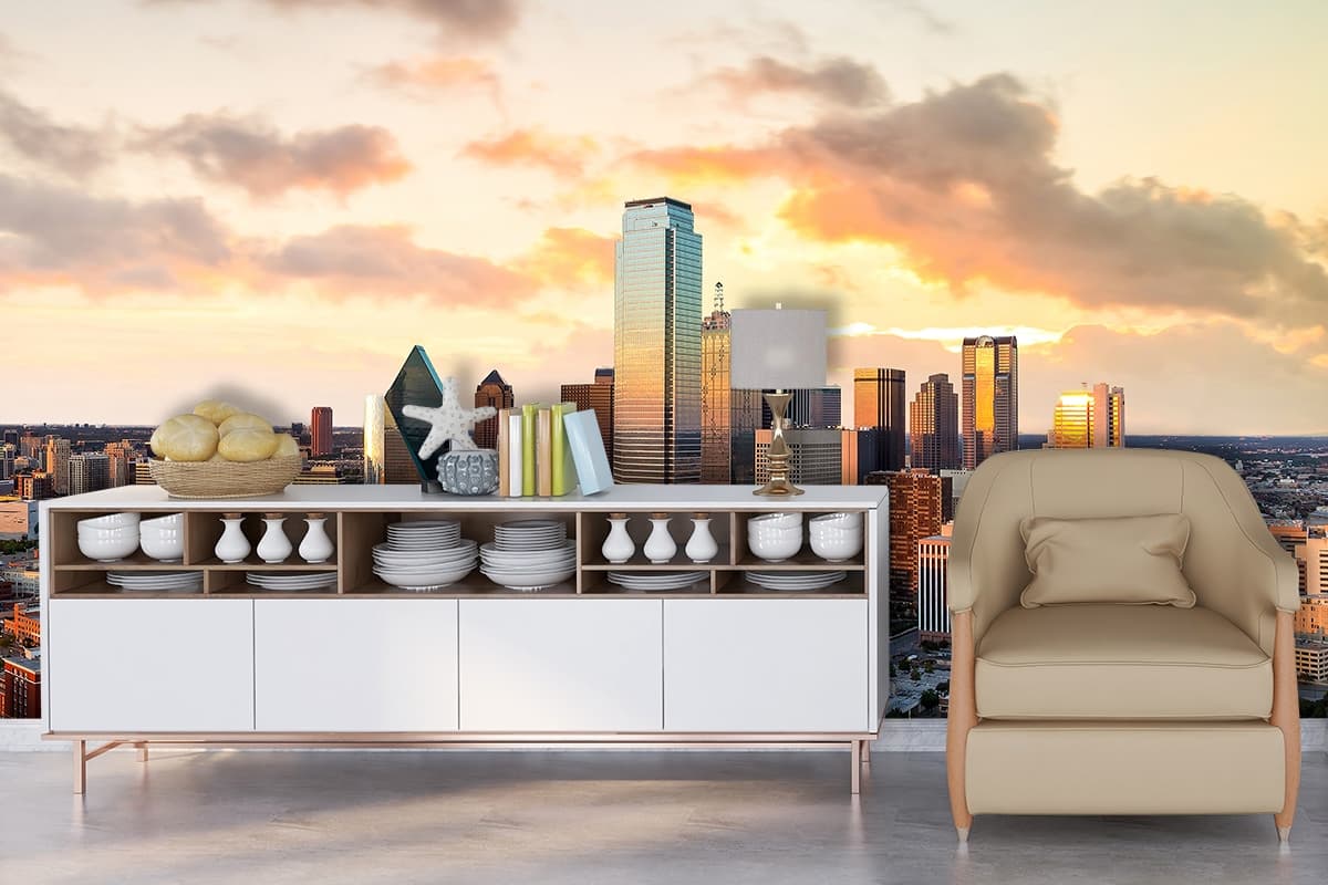 Dense urban skyline with tall skyscrapers in city wallpaper shown in a room