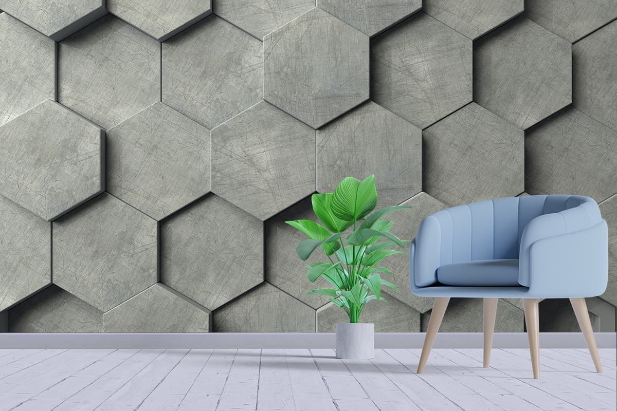 Grey Hexagons Wallpaper, 3D Pattern shown in a room