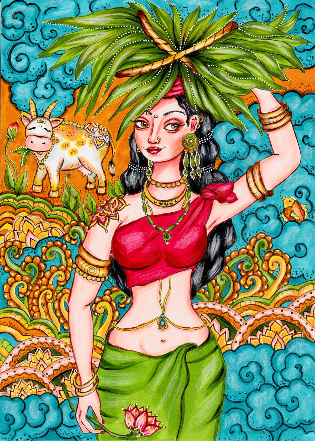 A woman with a leaf on her head pattern detail