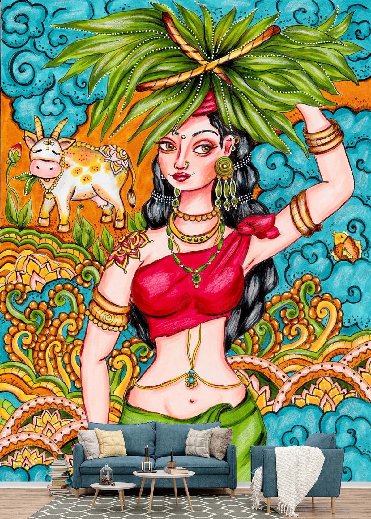 A woman with a leaf on her head shown in a room
