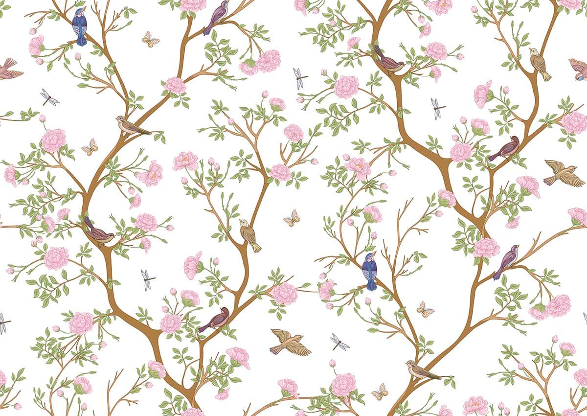 Spring Birds and Floral Branches Wallpaper pattern detail