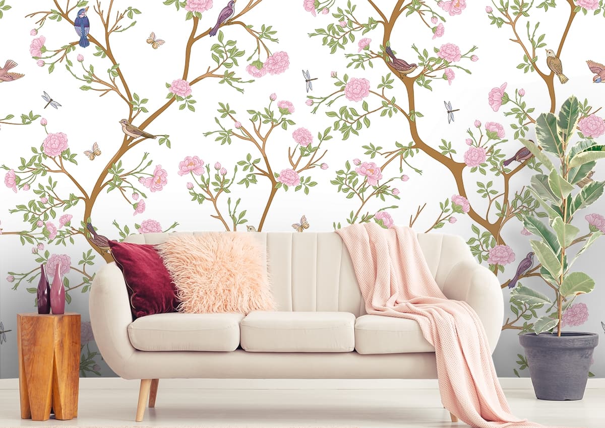 Spring Birds and Floral Branches Wallpaper shown in a room