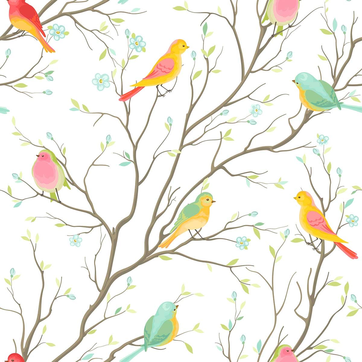 A pattern of colorful birds on a tree branch pattern detail