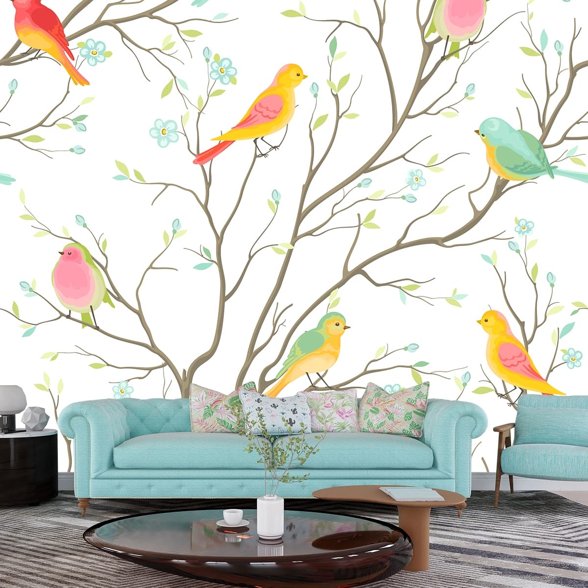 A pattern of colorful birds on a tree branch shown in a room
