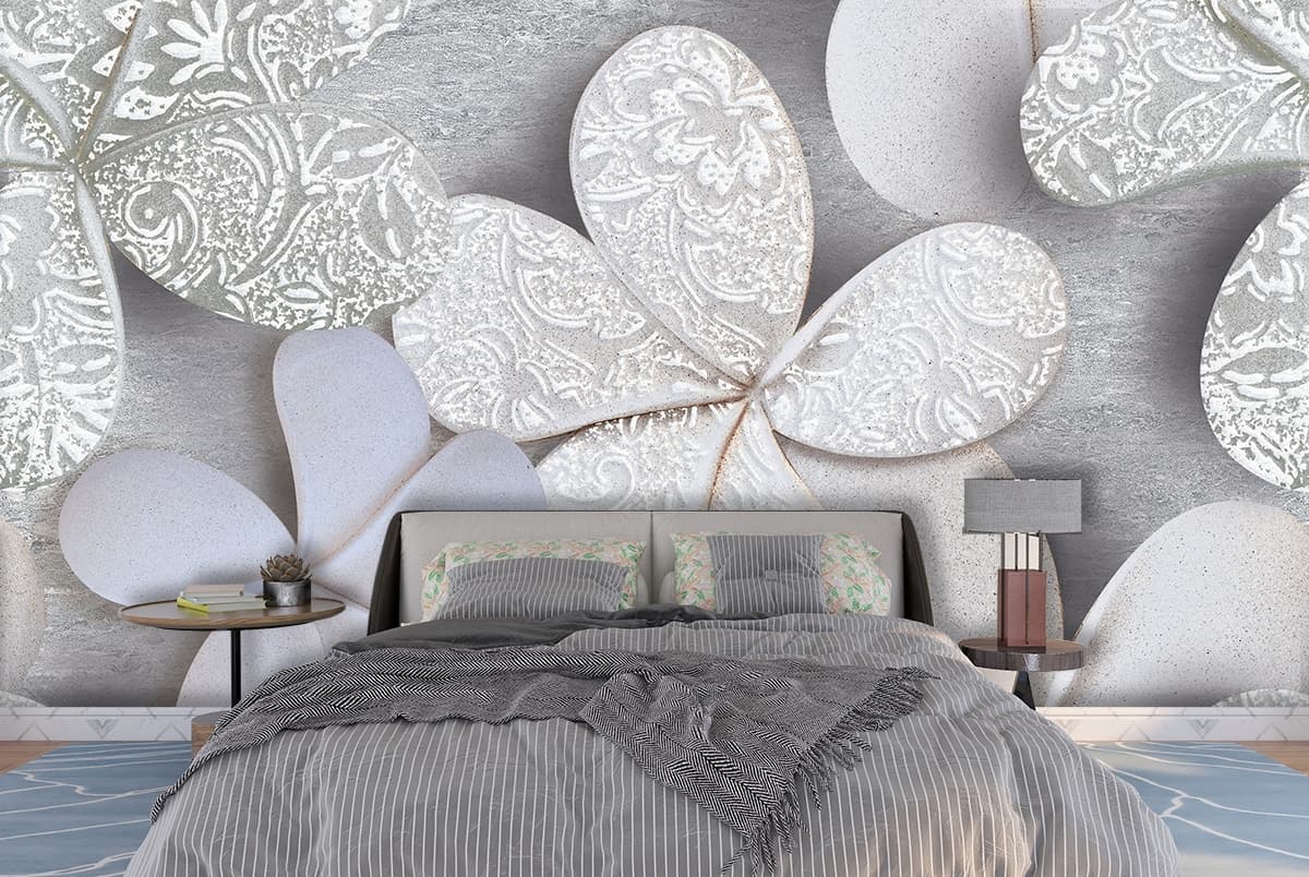 3D Cement Structure Floral Wallpaper shown in a room