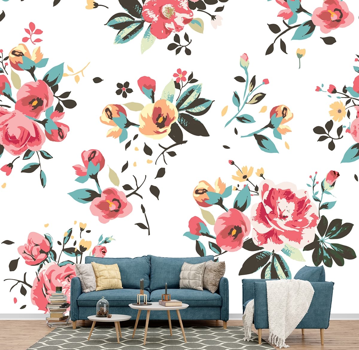 A pattern of flowers on a white background shown in a room