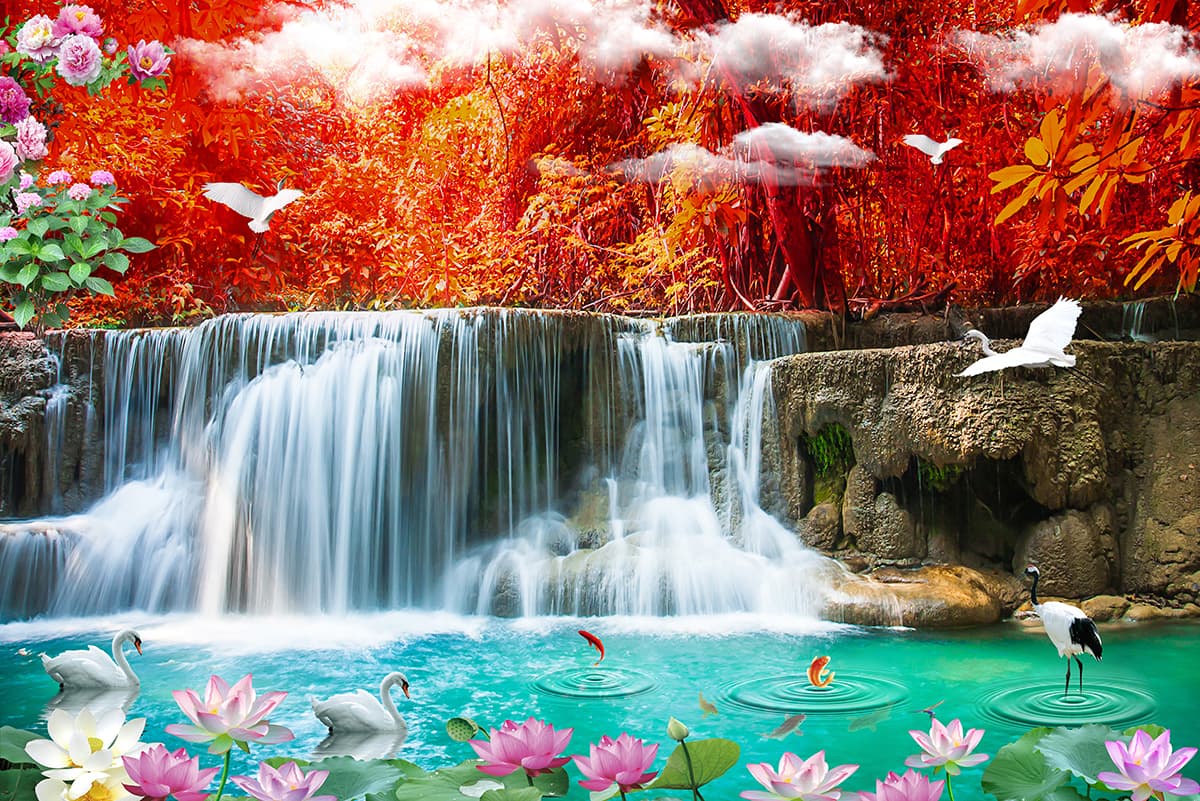 A Wallpaper of Waterfall with Birds and Flowers pattern detail