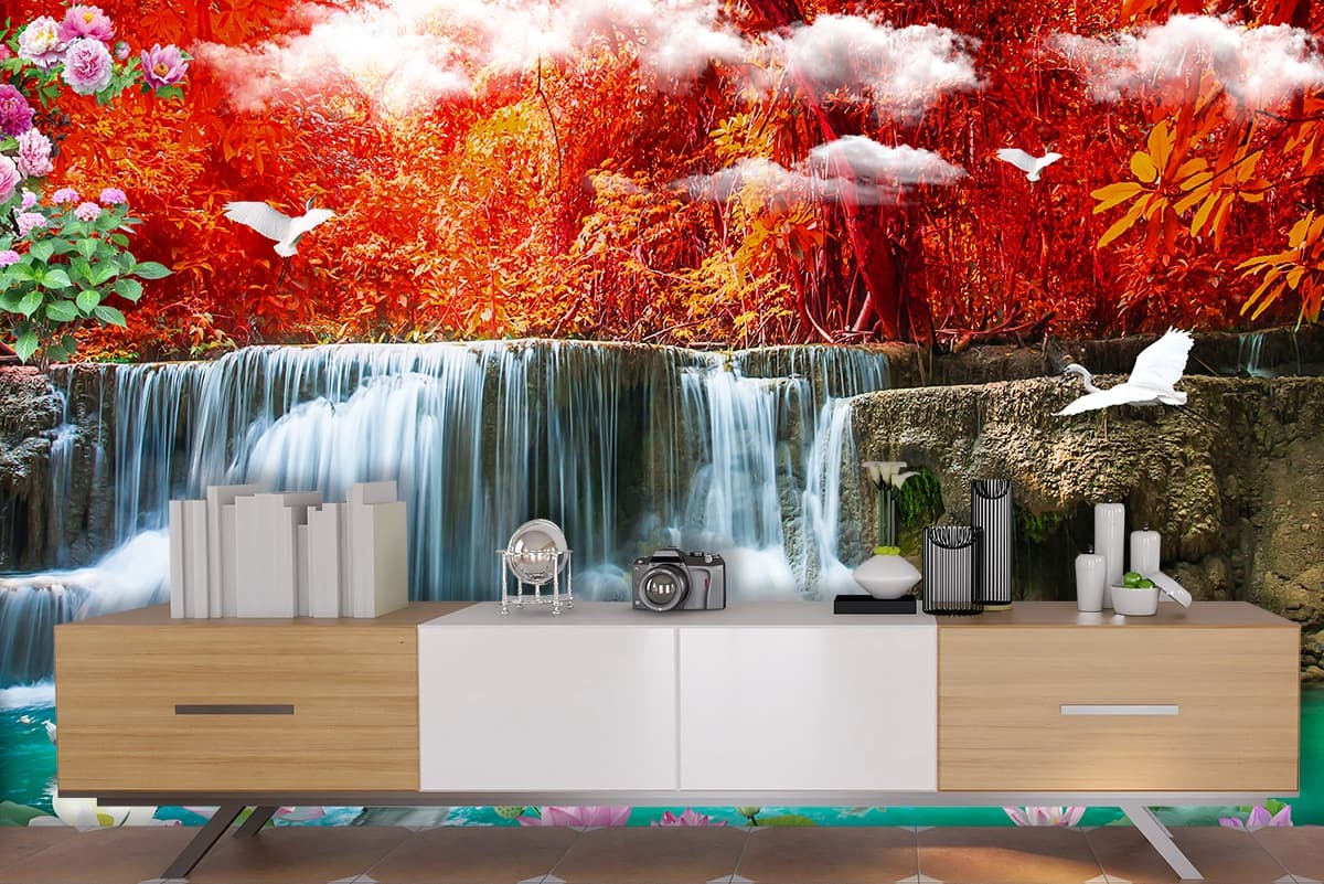 A Wallpaper of Waterfall with Birds and Flowers shown in a room