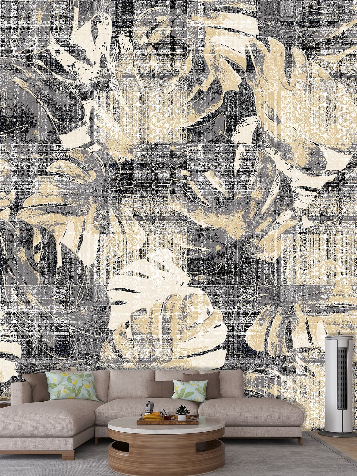 A Vintage Wallpaper Texture with Leaves shown in a room