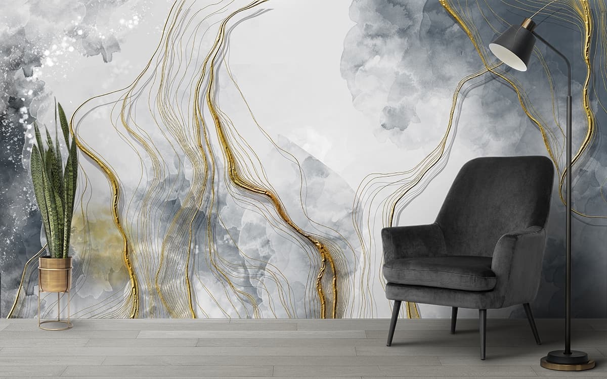 Grey and Gold Abstract Marble Wallpaper Mural shown in a room