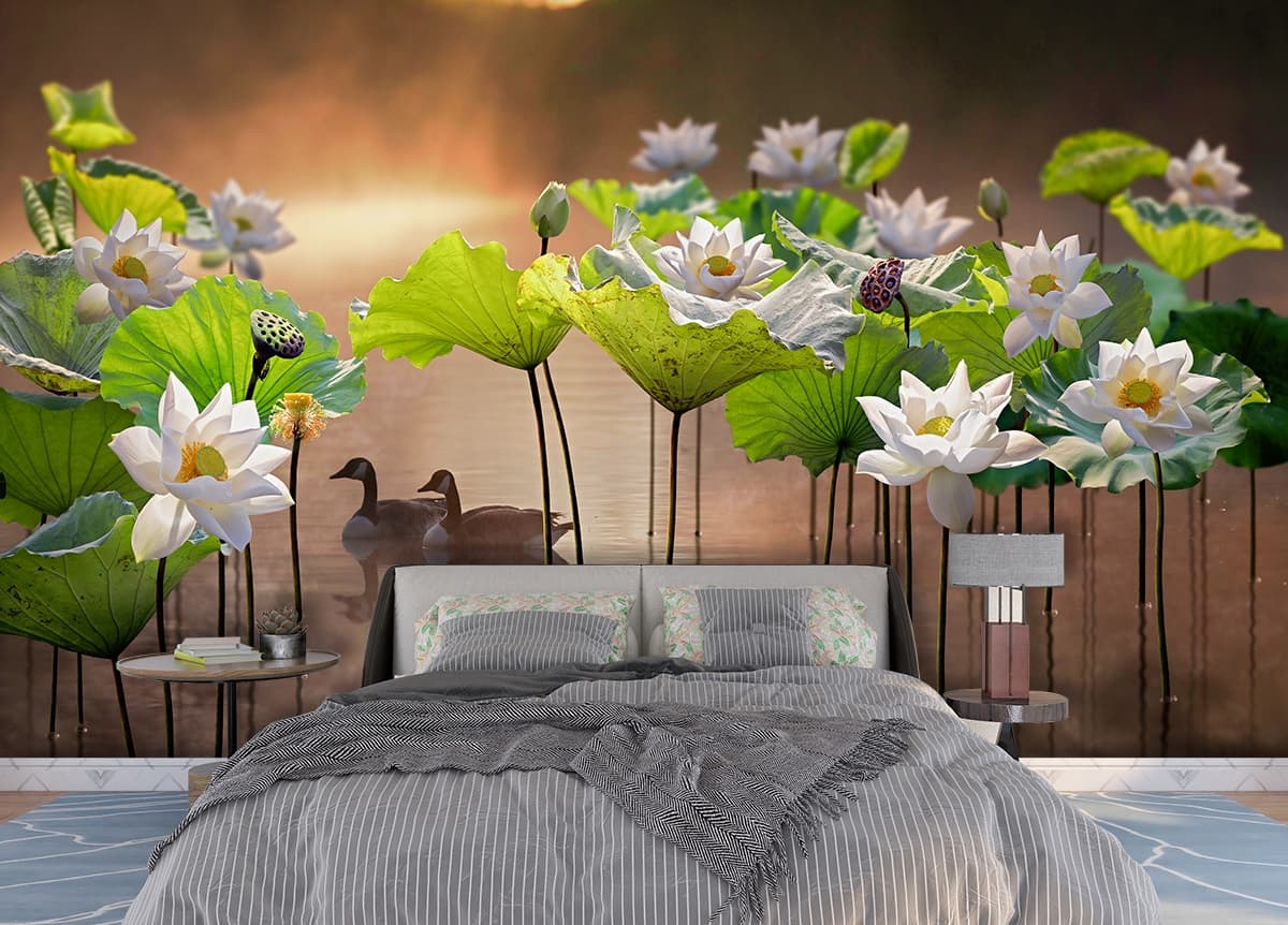A couple of ducks in a pond with white flowers shown in a room