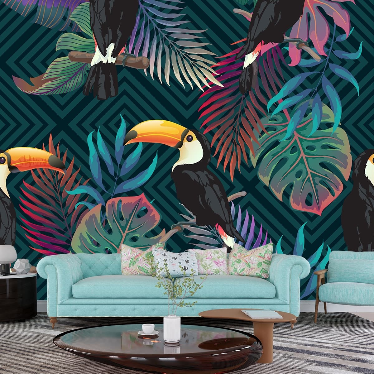 Tropical Toucan Oasis Wallpaper shown in a room