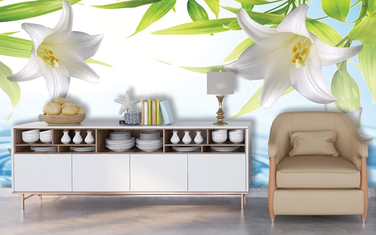 The Fresh Calming Lily Wallpaper for Wall shown in a room