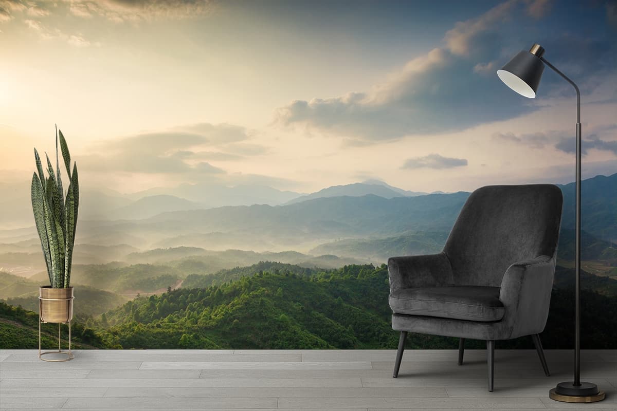 Elegant Mountain Water Scene for Interior Wallpaper shown in a room