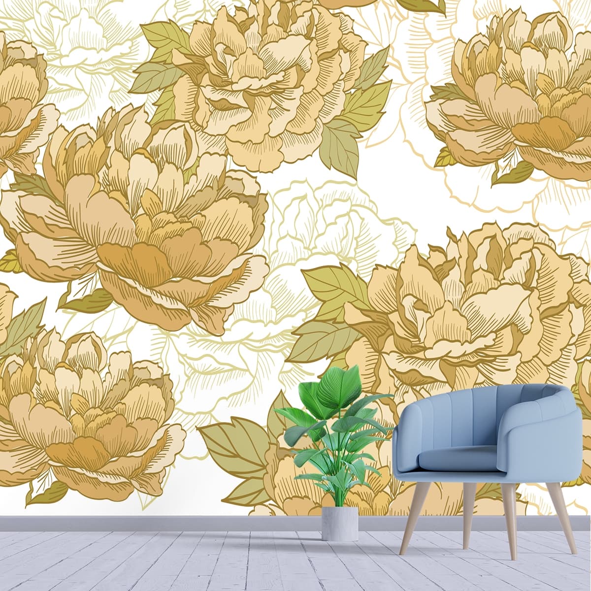 Rich floral foliage pattern with vintage textile feel wallpaper shown in a room