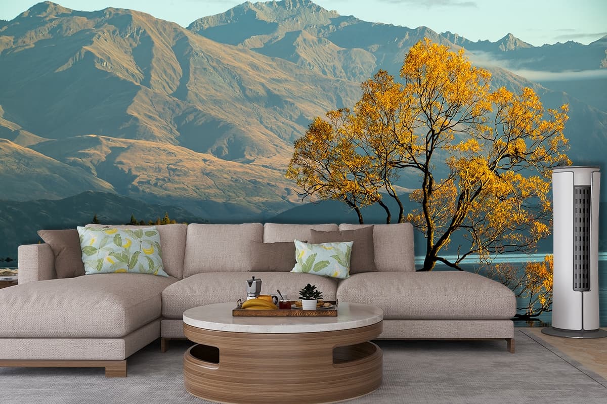 Serene Tree Reflection in Water Nature Wallpaper shown in a room