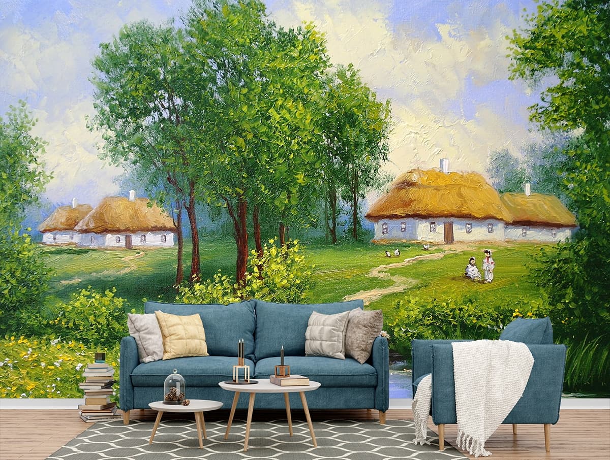 Gaon Ki Duniya, Beautiful Painting Bedroom Wallpaper shown in a room