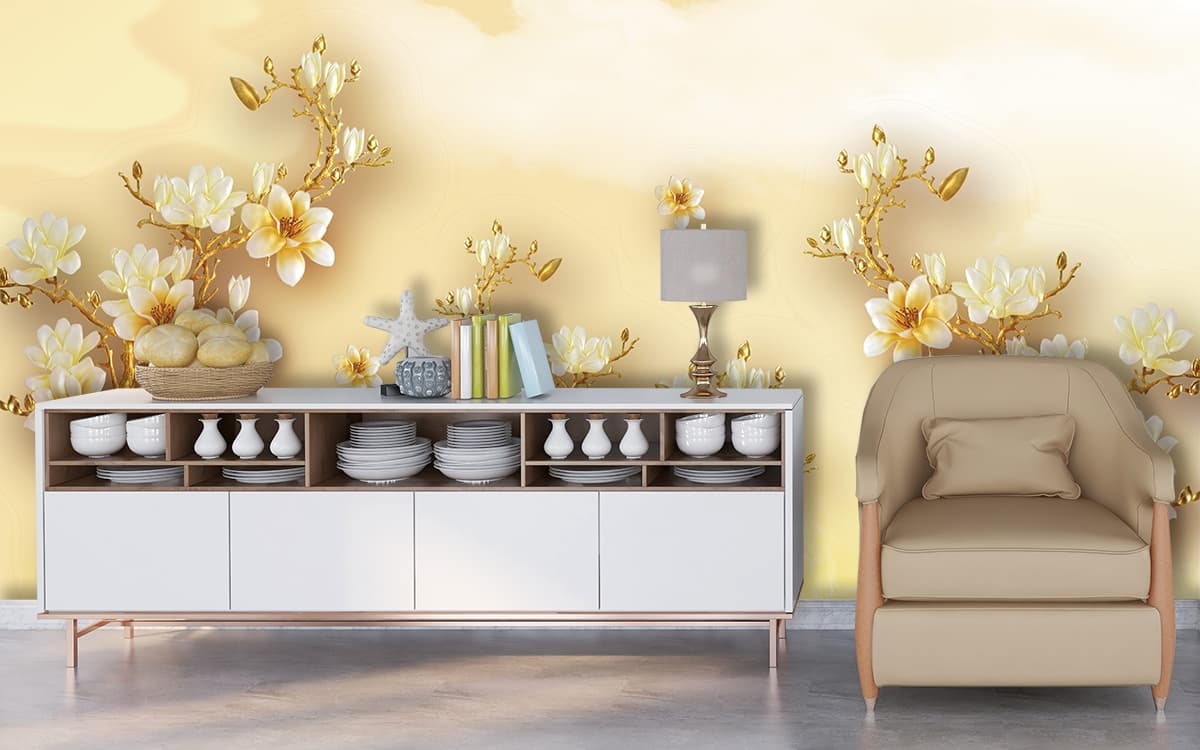 Golden Floral Branches Design Wallpaper Mural shown in a room