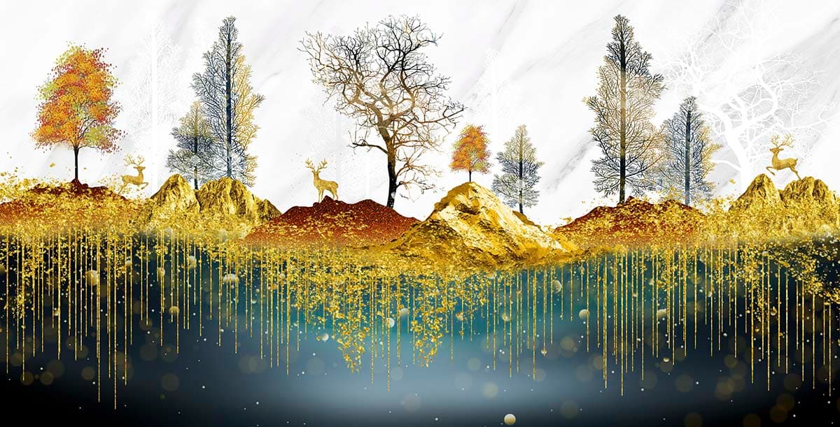 Mountain Wallpaper, Gold landscape with trees and mountains pattern detail
