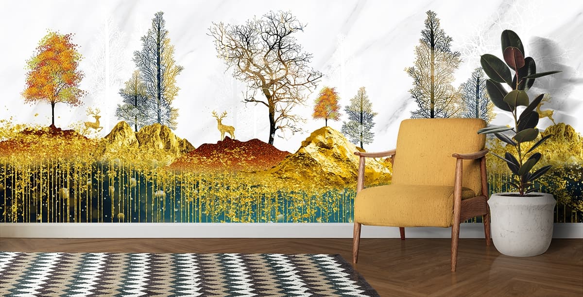 Mountain Wallpaper, Gold landscape with trees and mountains shown in a room
