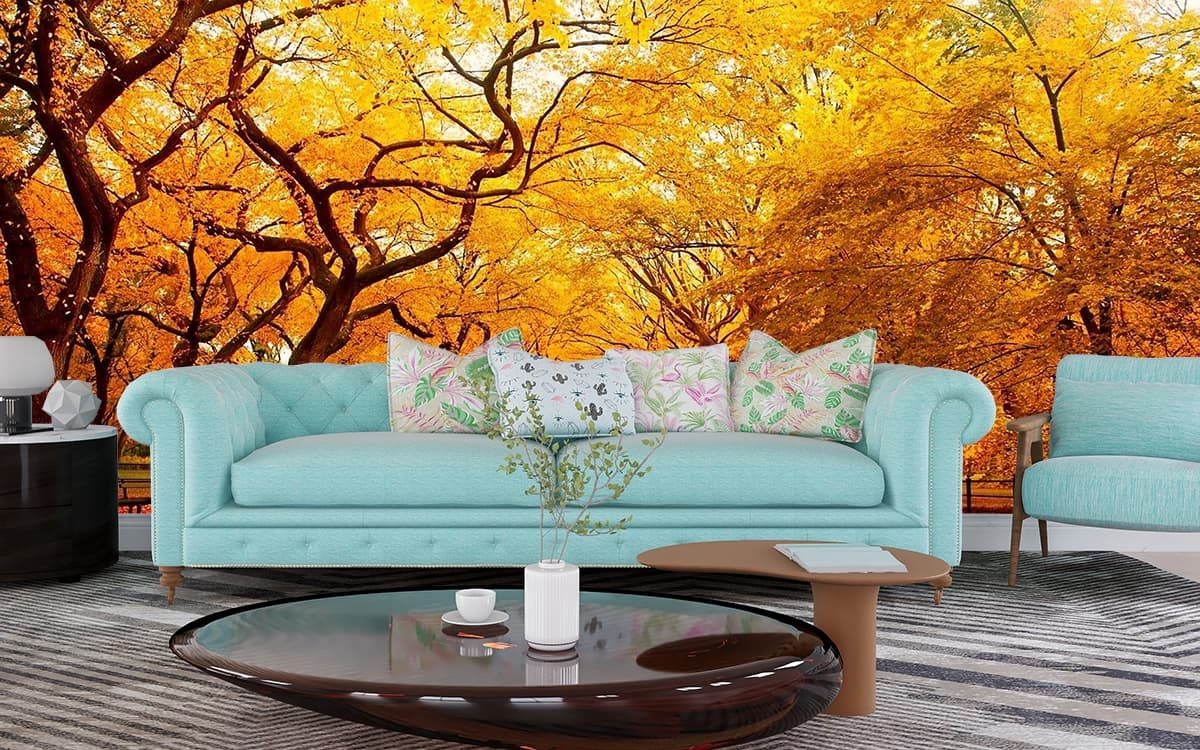 Elegant Scenic Road with Yellow Trees Wallpaper shown in a room